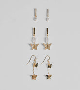 Glam Rhinestone And Pearl Butterfly Earrings Set